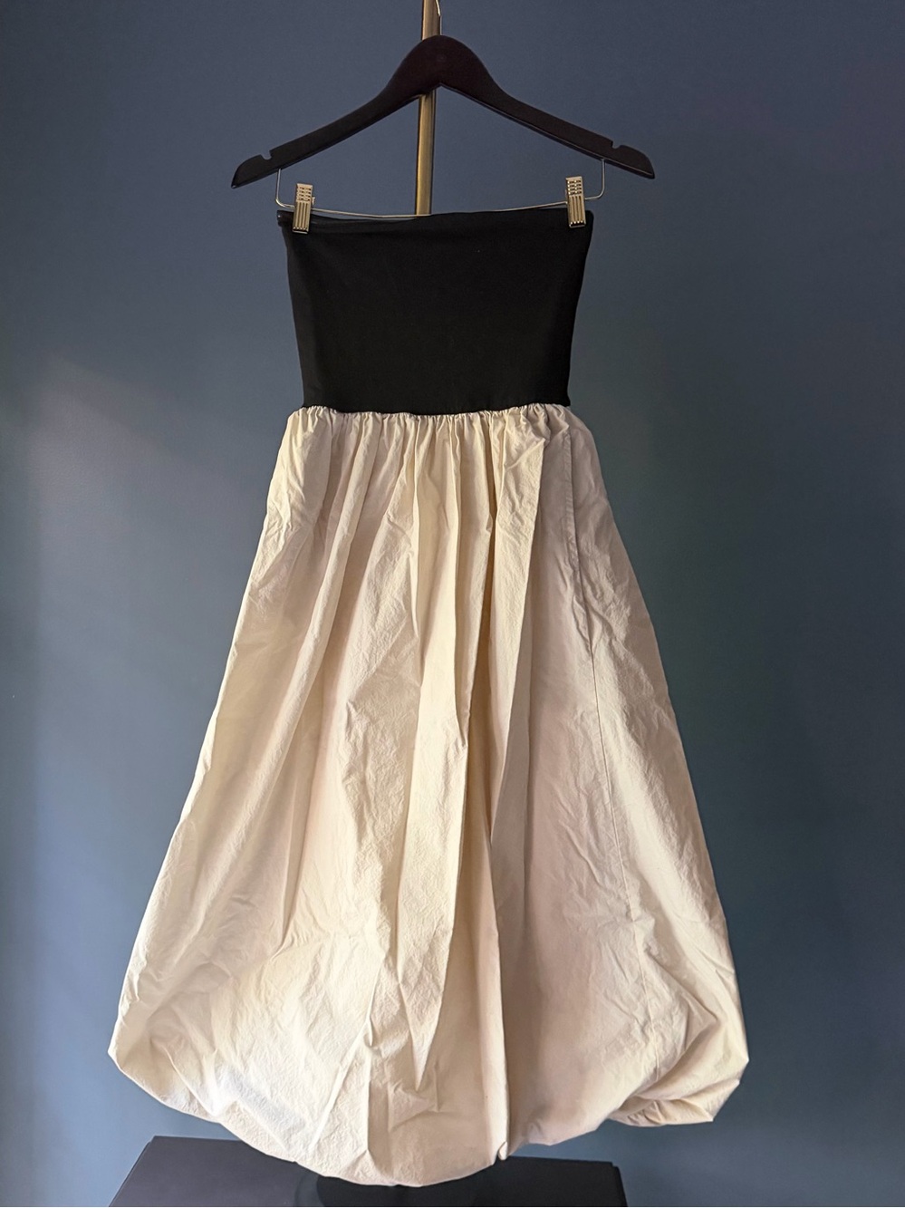 Sincerely Jules Black and Cream Strapless Bubble Hem Dress